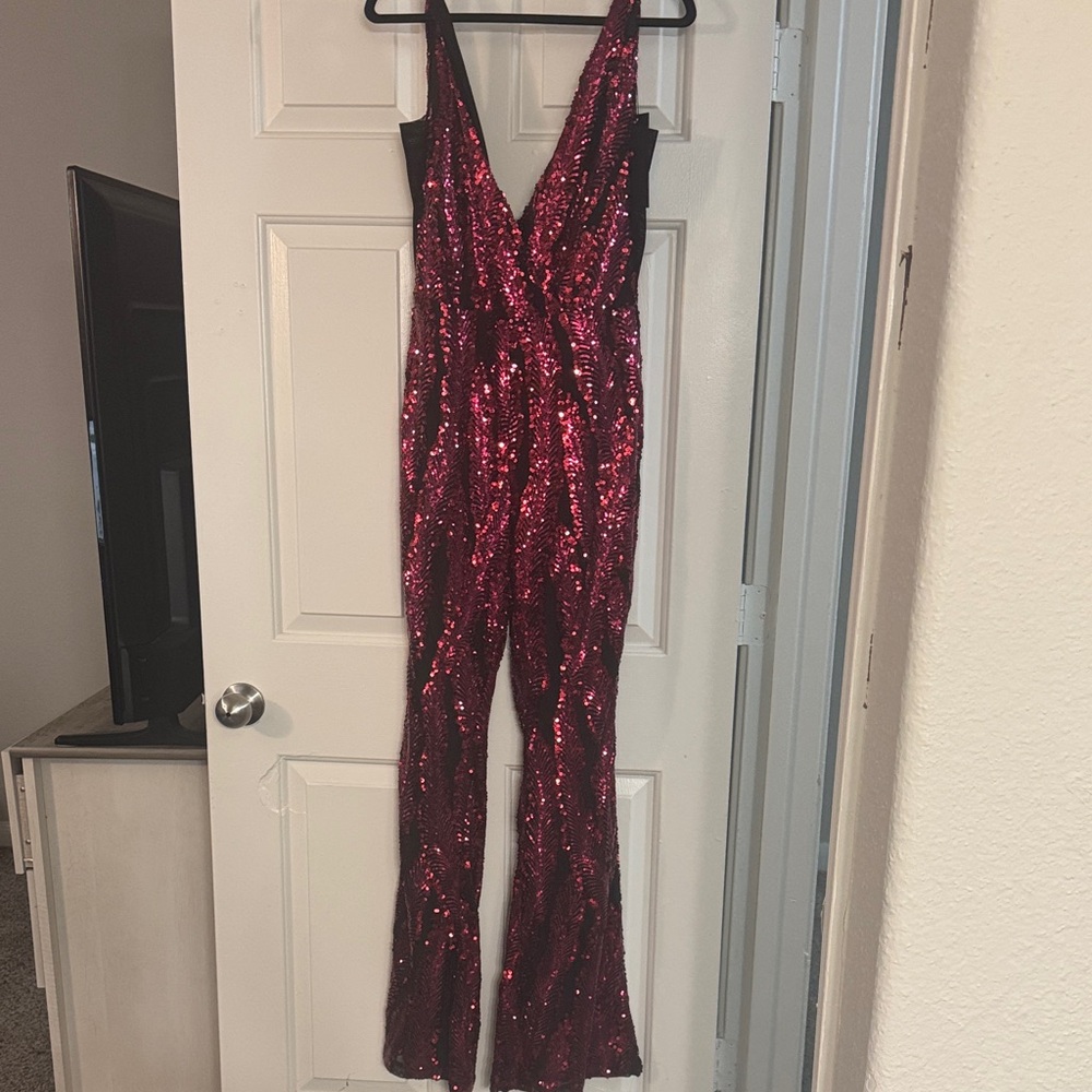 Red Sequin V-Neck Jumpsuit